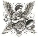The angel Gabriel blowing a trumpet, surrounded by wings and stopwatches tattoo design idea
