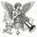 The angel Gabriel blowing a trumpet, surrounded by wings and stopwatches tattoo design idea