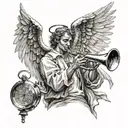The angel Gabriel blowing a trumpet, surrounded by wings and stopwatches tattoo design idea