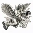 The angel Gabriel blowing a trumpet, surrounded by wings and stopwatches tattoo design idea