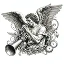 The angel Gabriel blowing a trumpet, surrounded by wings and stopwatches tattoo design idea