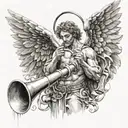 The angel Gabriel blowing a trumpet, surrounded by wings and stopwatches tattoo design idea