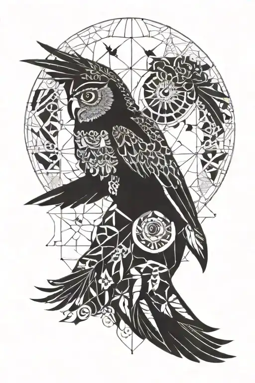 A geometric design featuring a driver's silhouette surrounded by patterns of owls, hummingbirds, and quetzals tattoo design idea