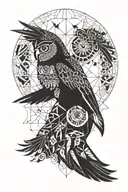A geometric design featuring a driver's silhouette surrounded by patterns of owls, hummingbirds, and quetzals tattoo design idea