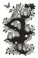 A family tree with each branch representing a family member, intertwined with branches of owls, hummingbirds, and quetzals tattoo design idea