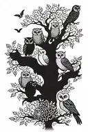 A family tree with each branch representing a family member, intertwined with branches of owls, hummingbirds, and quetzals tattoo design idea