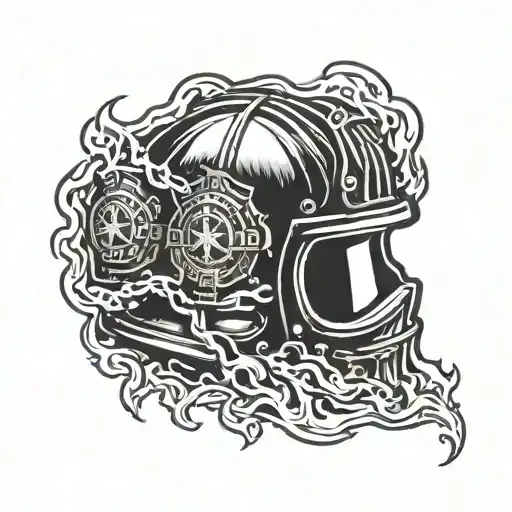 A firefighter helmet engulfed in flames coming together tattoo design idea