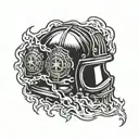 A firefighter helmet engulfed in flames coming together tattoo design idea