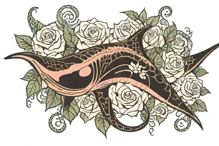 Manta Ray, Boa snake, White roses intertwined,  tattoo design idea