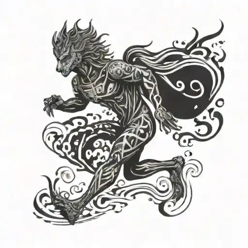 A stylized running figure intertwined with traditional folklore elements such as mythical creatures or symbols tattoo design idea