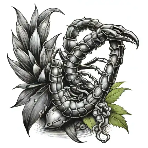 A detailed tattoo of a scorpion and maguey plant, with a background of tequila bottles and agave fields tattoo design idea