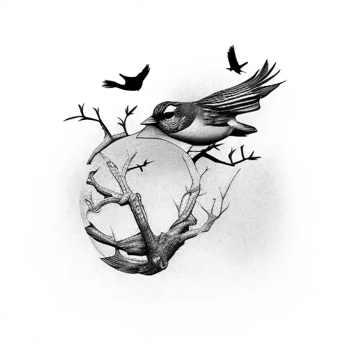 two bird in tree and one bird fly away tattoo design idea