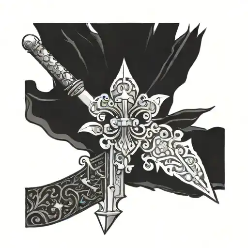 of a sword of the king of France, with a fleur-de-lis on the pommel and inscriptions on the blade tattoo design idea