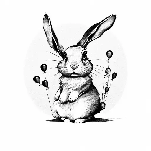bunny with balloons spelling 'Indie' tattoo design idea