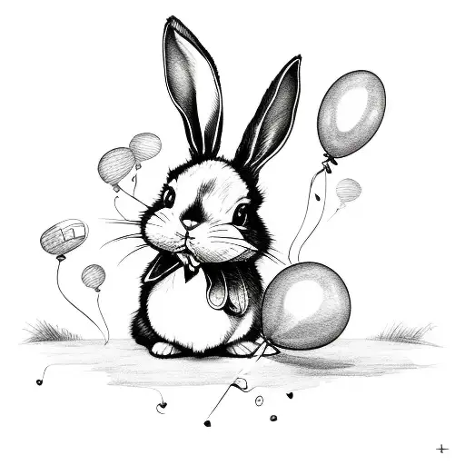 bunny with balloons spelling 'Indie' tattoo design idea