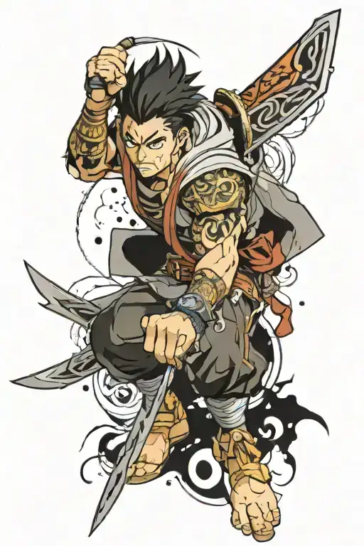 A dynamic anime-inspired sleeve featuring a powerful warrior similar to Sung Jin Woo in action poses with powerfull eyes tattoo design idea