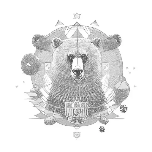 A magical soccer stadium with a bear mascot surrounded by tropical beaches tattoo design idea
