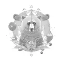 A magical soccer stadium with a bear mascot surrounded by tropical beaches tattoo design idea