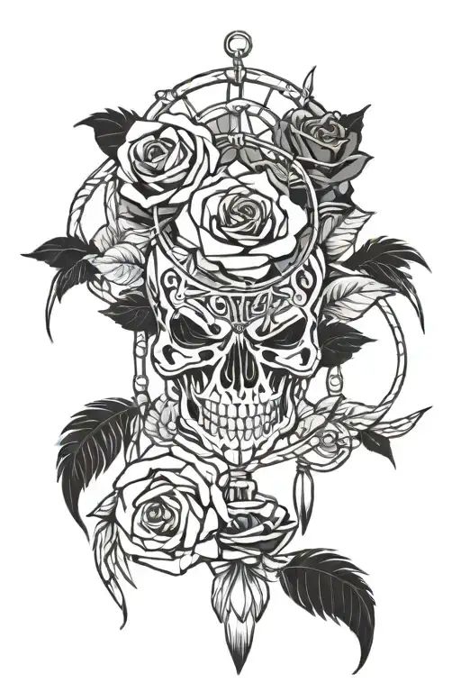dreamcatcher with skeleton hand holding a rose intertwined tattoo design idea