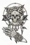 dreamcatcher with skeleton hand holding a rose intertwined tattoo design idea