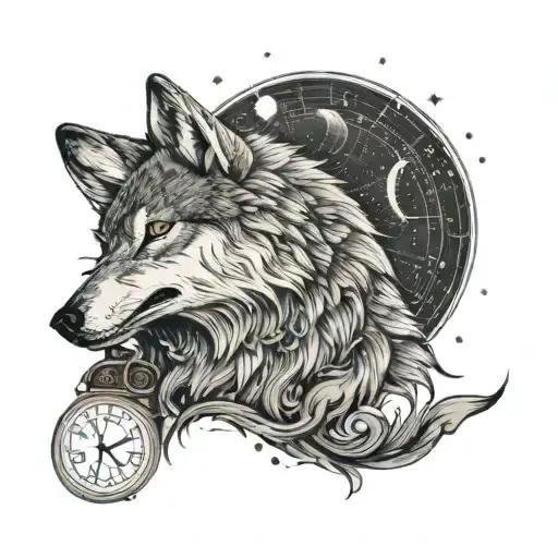 A wolf howling at the moon, with a digital clock face in place of the moon tattoo design idea