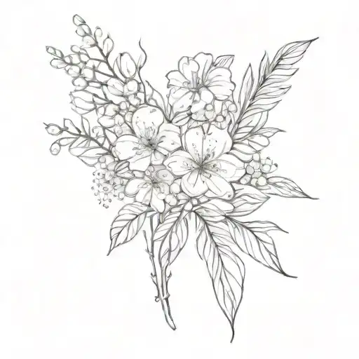 fine line floral bouquet of flowering gum, lily of the valley and cosmos tattoo design idea