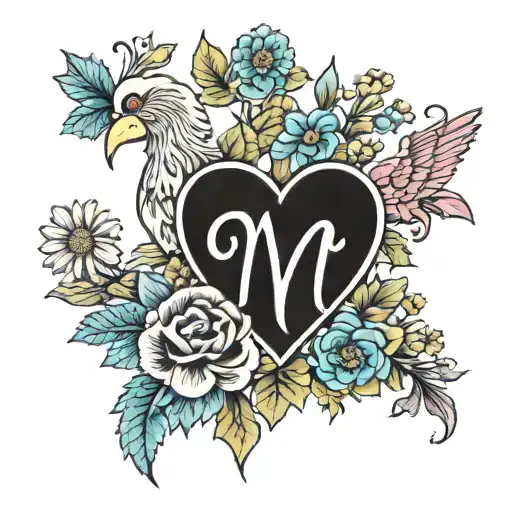 a tattoo for my mum that includes a liverbird, flowers a love heart and the word 'mum' tattoo design idea