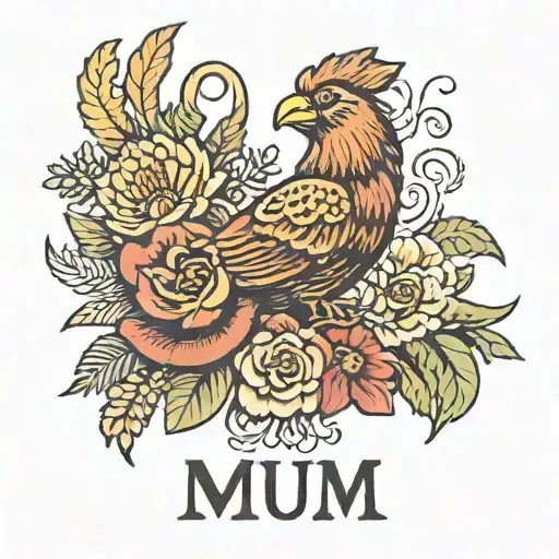 a tattoo for my mum that includes a liverbird, flowers a love heart and the word 'mum' tattoo design idea