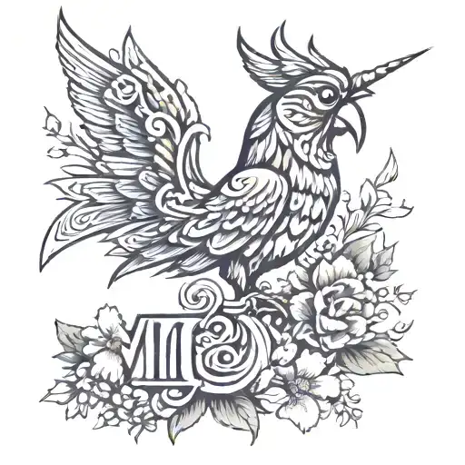 a tattoo for my mum that includes a liverbird, flowers and the word 'mum' tattoo design idea