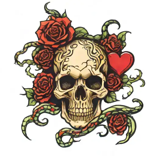 a skull with a broken heart with snakes going through it  tattoo design idea