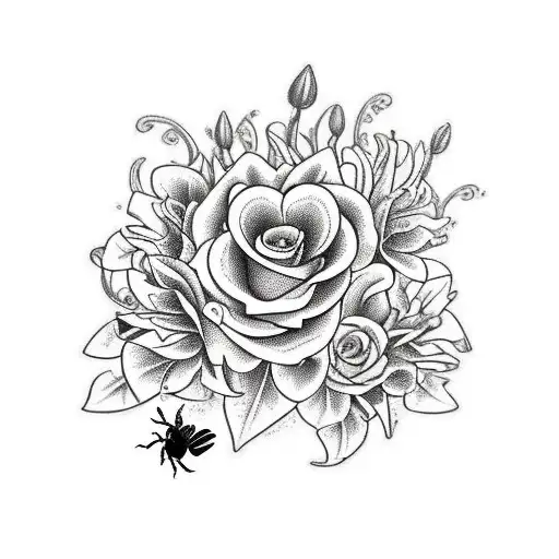cluster of flowers including lilies, sunflowers, leaves, bees, and roses with a ribbon saying "born to raise hell" tattoo design idea