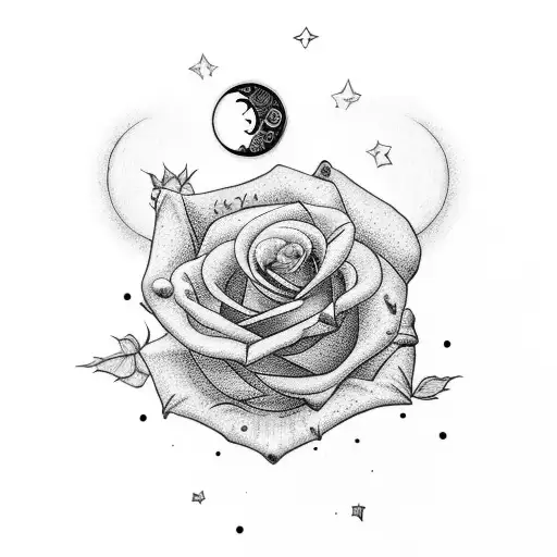 a rose that has a moon on its stem, a pizza with Coca-Cola and a joystick tattoo design idea