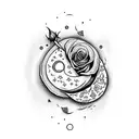 a rose that has a moon on its stem, a pizza with Coca-Cola and a joystick tattoo design idea