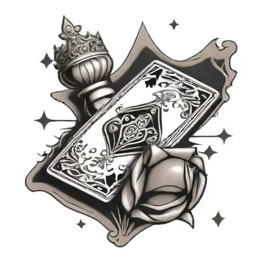 Ace of diamonds playing card  3 crowns above chess piece  Libra scale  5 stars around Sacred heart   tattoo design idea