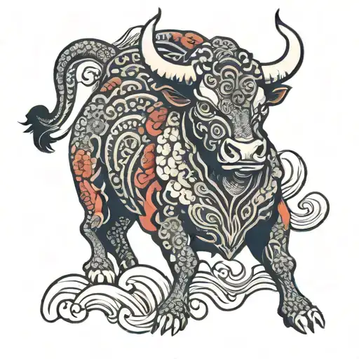 Japanese bull with waves tattoo design idea