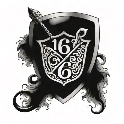 a shield with wells fargo in a signature, with i snake biting it's tall and the number six in Roman number and a star ar tattoo design idea