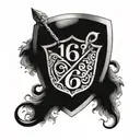 a shield with wells fargo in a signature, with i snake biting it's tall and the number six in Roman number and a star ar tattoo design idea