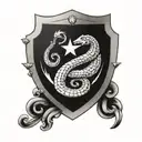 a shield with wells fargo in a signature, with i snake biting it's tall and the number six in Roman number and a star ar tattoo design idea