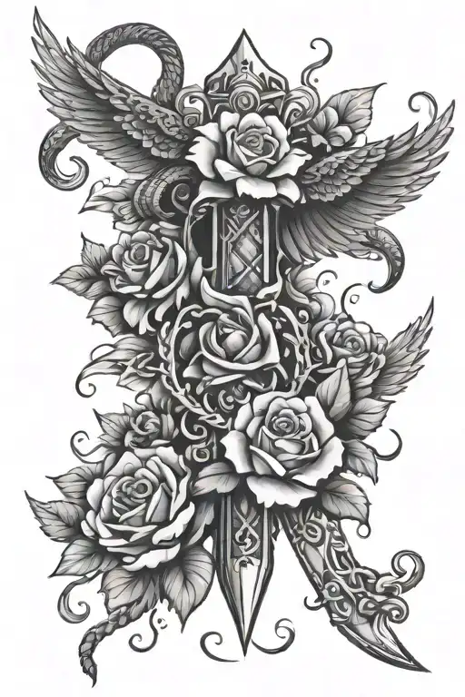 Dagger with a snake and a phoenix and flowers tattoo design idea