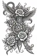 Dagger with a snake and a phoenix and flowers tattoo design idea