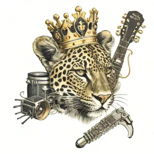 A realistic portrait of a leopard wearing a crown, surrounded by musical instruments and classic cars, representing your passion for music, leopard prints, and vintage vehicles. tattoo design idea