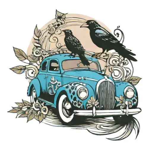 A classic car with leopard print details intertwined with musical notes and a crow perched on top, symbolizing your love for music, driving, and your favorite animals. tattoo design idea
