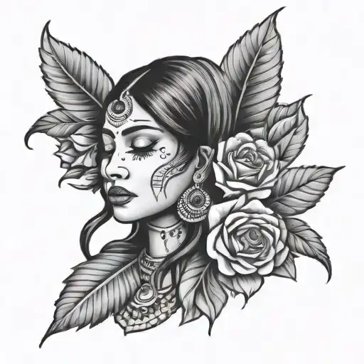 Indian Lady crying flowers tattoo design idea