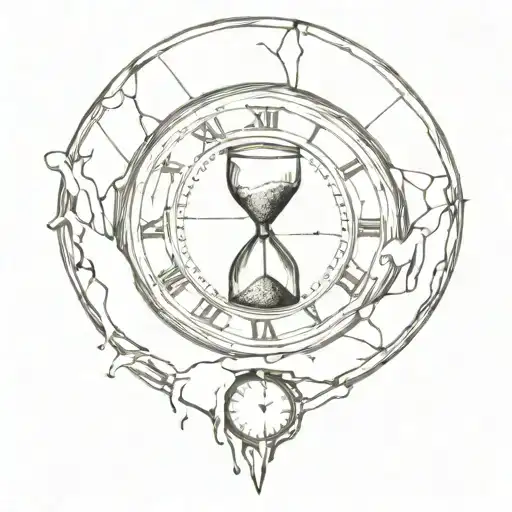 An hourglass in which time flows from a whole clock into an old cracked clock. They are held by hands, the hand of a you tattoo design idea