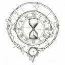 An hourglass in which time flows from a whole clock into an old cracked clock. They are held by hands, the hand of a you tattoo design idea