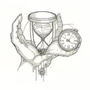 An hourglass in which time flows from a whole clock into an old cracked clock. They are held by hands, the hand of a you tattoo design idea