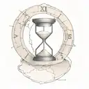 An hourglass in which time flows from a whole clock into an old cracked clock. They are held by hands, the hand of a you tattoo design idea