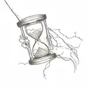 An hourglass in which time flows from a whole clock into an old cracked clock. They are held by hands, the hand of a you tattoo design idea