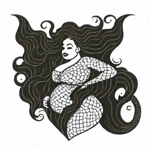 Mermaid bbw chubby face full body 70S hair  tattoo design idea