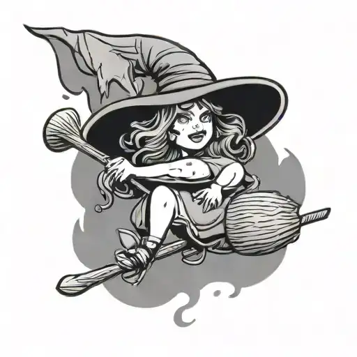 witch riding broomstick  bbw chubby face full body 70S hair  tattoo design idea